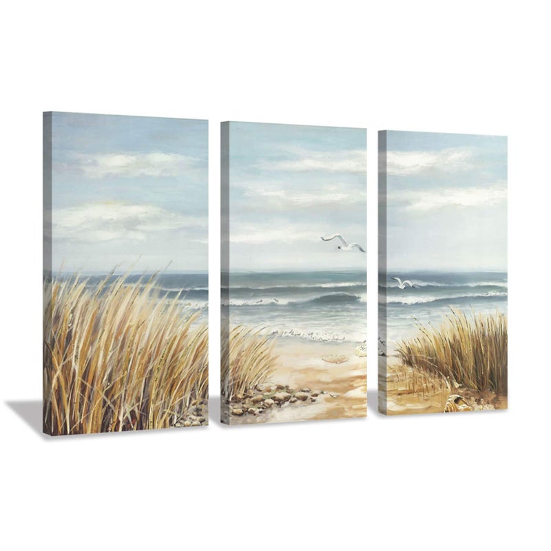 Hardy Gallery Abstract Beach Canvas Wall Art: Seashore Grasses Artwork Print Seascape Painting for Walls (26'' x 16'' x 3 Panels) - Image 1
